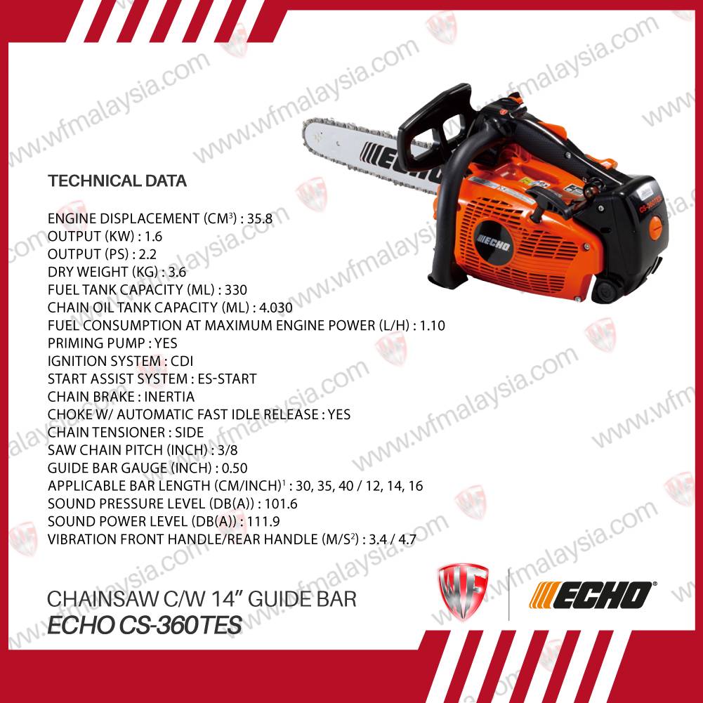 Echo CS360TES 35.8cc 2.2HP 14'' Professional Top Handle Chainsaw Foc