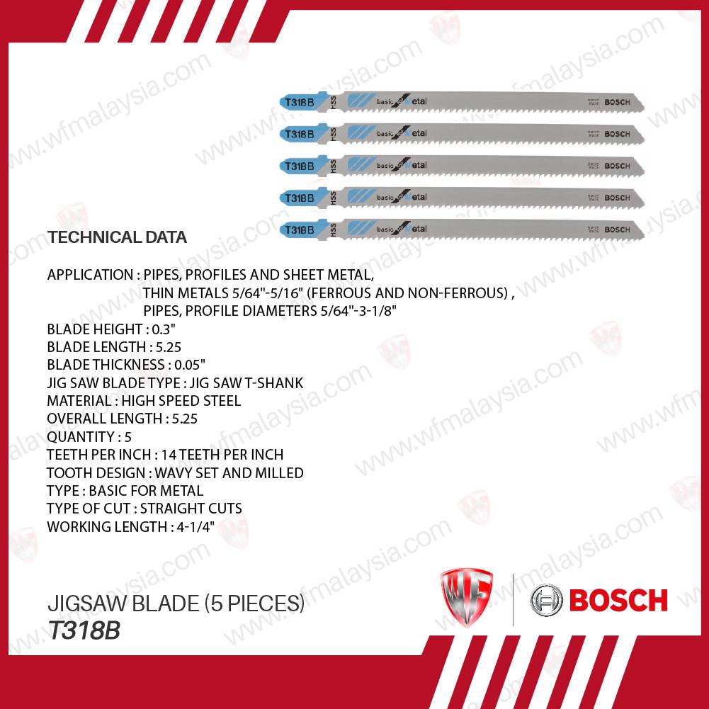 BOSCH Jigsaw Blade T318B For Straight Cut Metal Cutting (5 Pieces)
