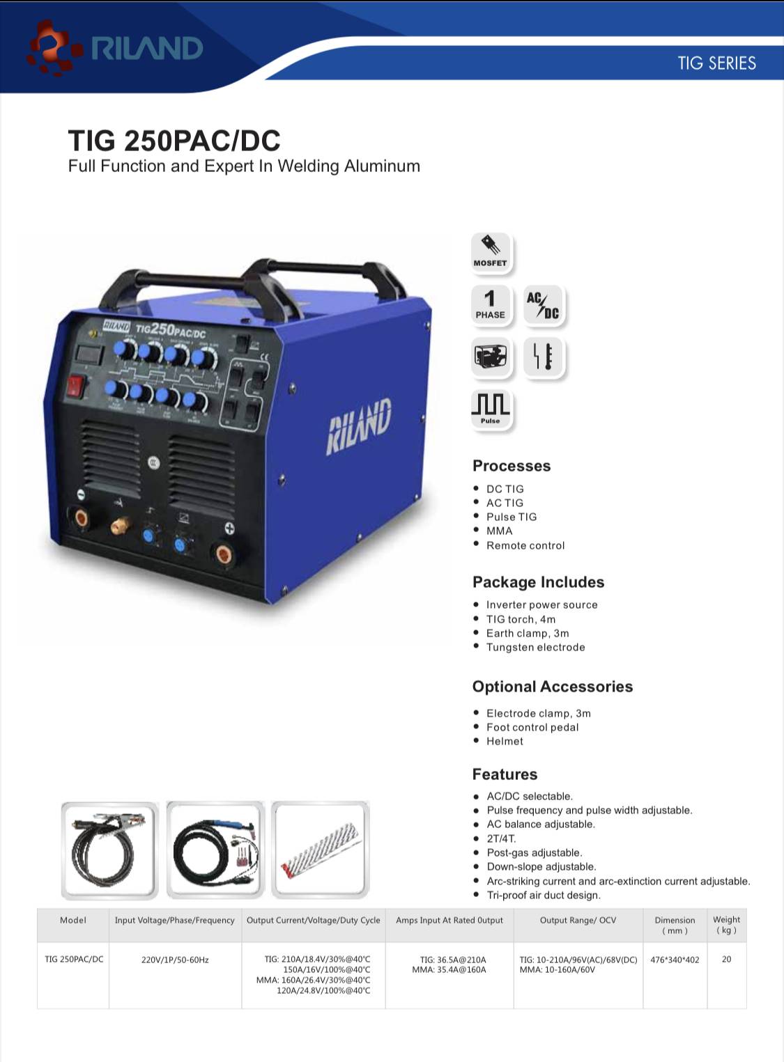Riland TIG 250PAC/DC MOSFET Inverter Pulse TIG / MMA 2 in 1 AC/DC
