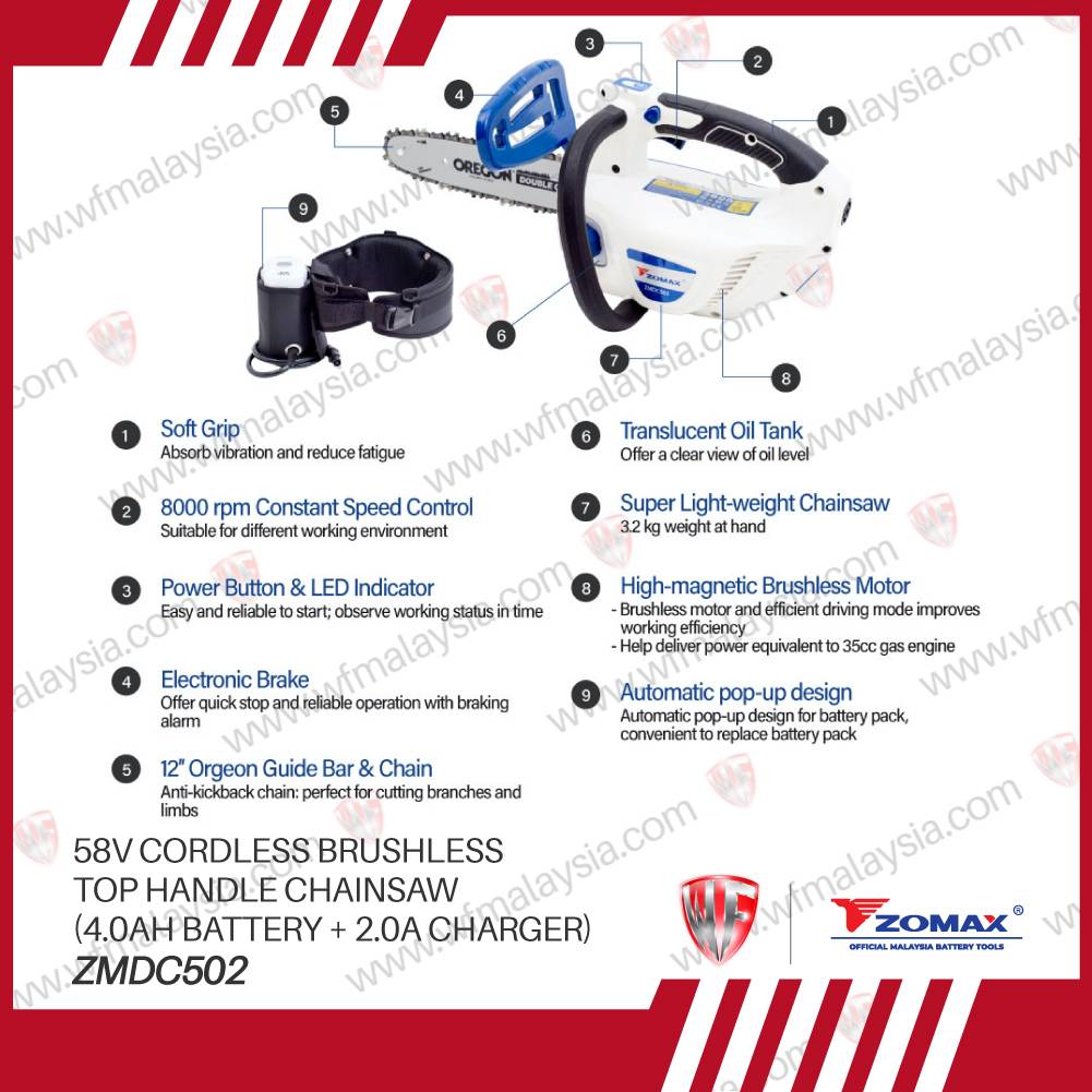 ZOMAX ZMDC502 58V Cordless Brushless Tophandle Chainsaw 2.0A Battery
